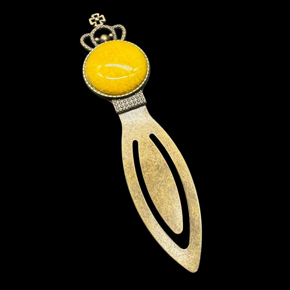Bookmark Yellow Jade Stone Cabochon & Antique Bronze Tone Meta Crown Cross
